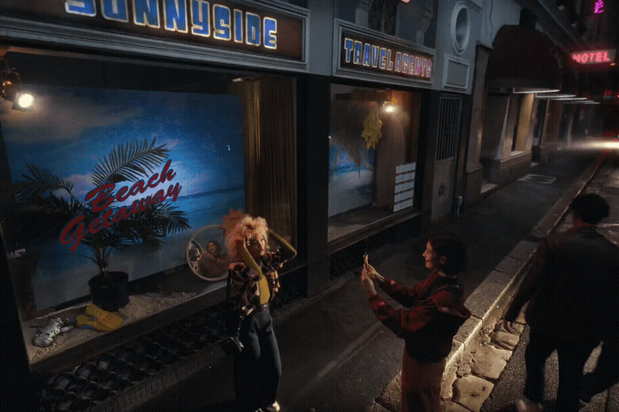 a group of people standing outside of a store