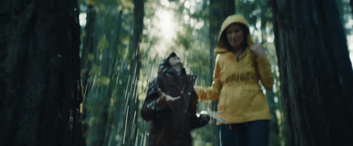 a woman in a yellow jacket riding a horse through a forest