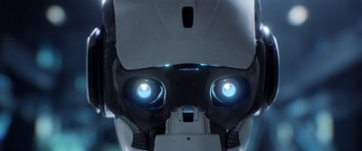 a close up of a robot with glowing eyes