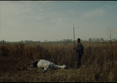 a man standing next to a dead animal in a field