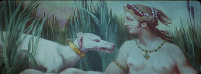 a painting of a woman next to a white dog