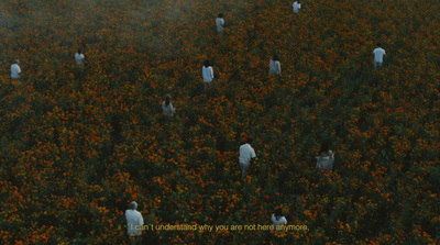 a group of people standing in a field of flowers