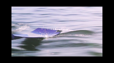 a blue and white object floating on top of a body of water