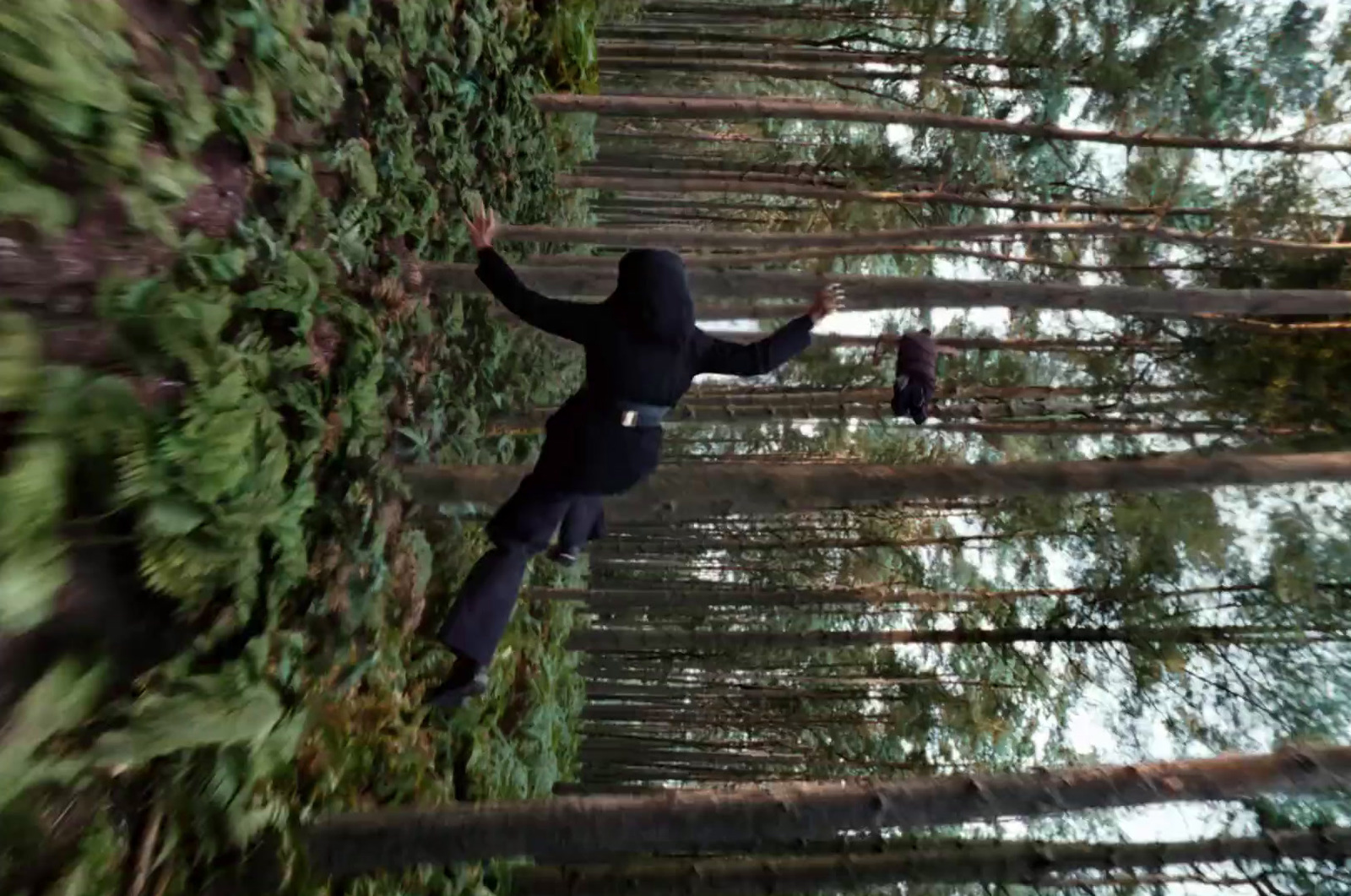 a man in a black jacket is walking through a forest