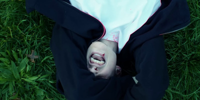 an overhead view of a child's face in the grass