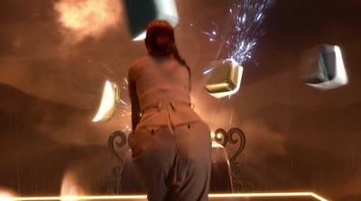 a woman standing in front of a firework display