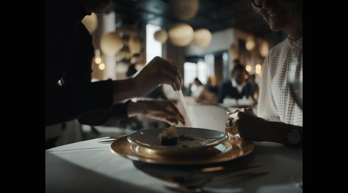 a couple of people sitting at a table with a plate of food