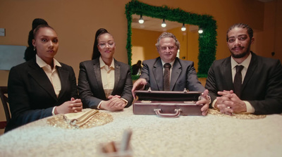 a group of people sitting around a table with a suit case