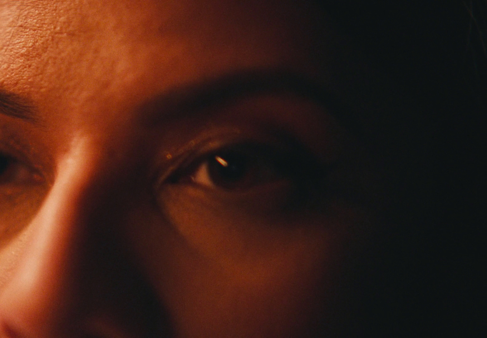 a close up of a woman's face with brown eyes