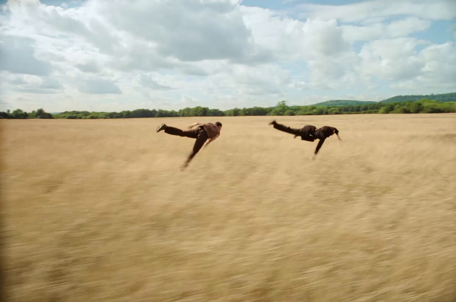 a couple of birds flying over a dry grass field