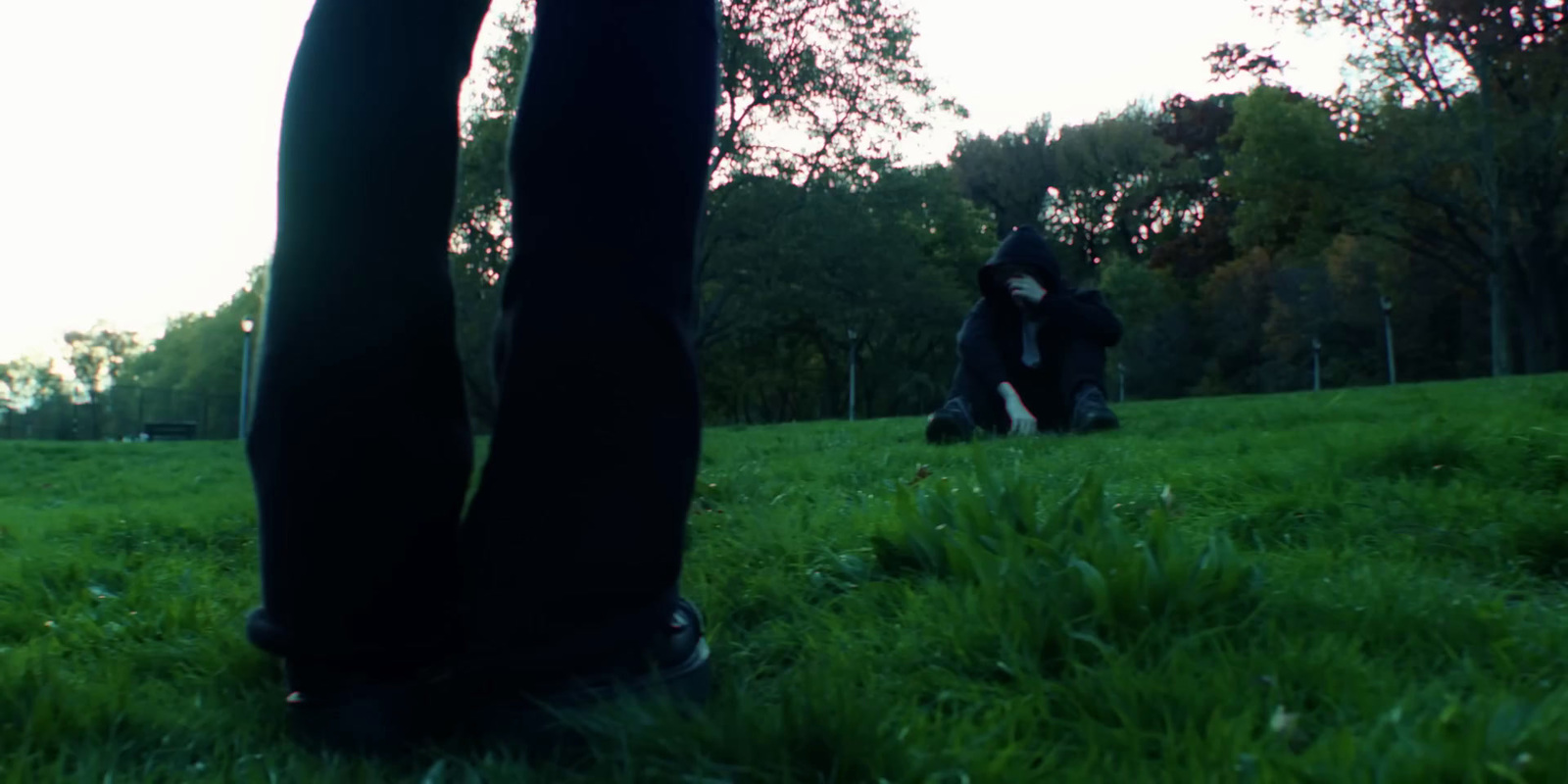 a person standing on a lush green field