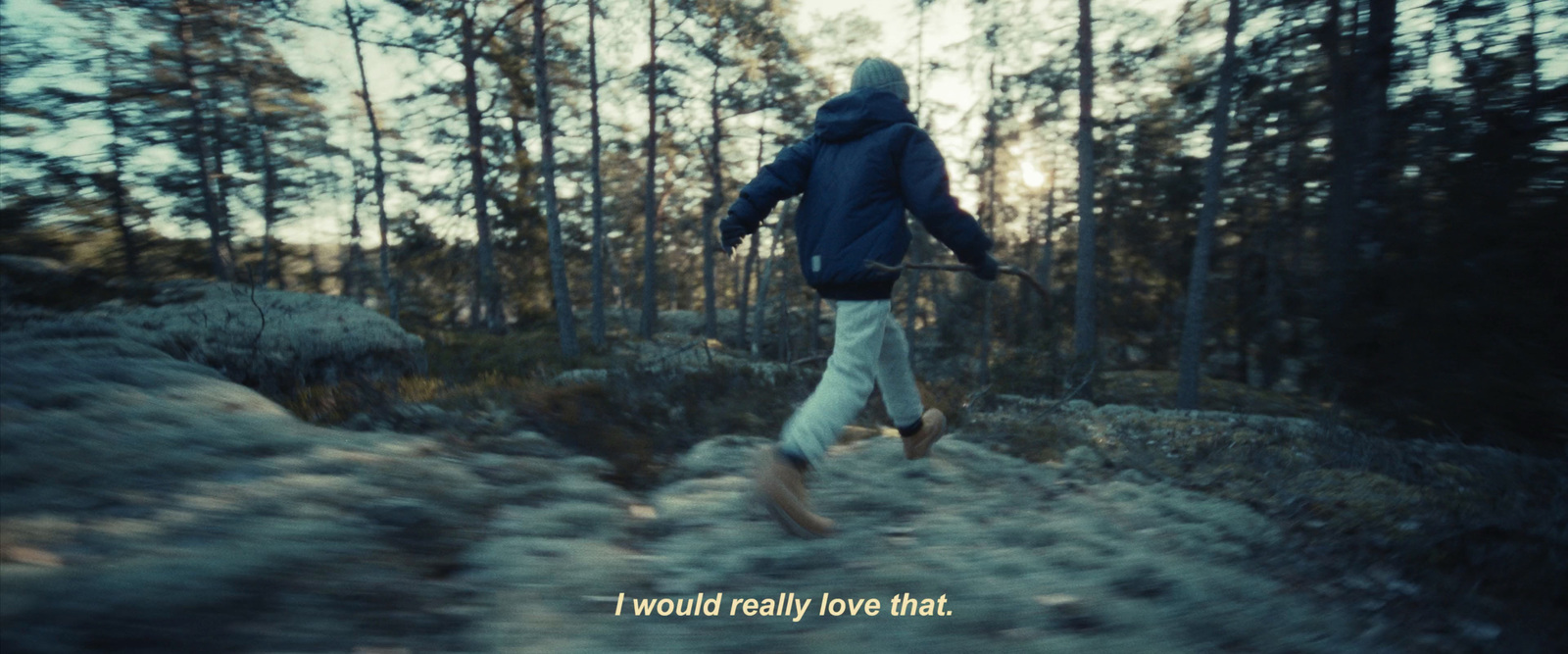 a person in a blue jacket is walking through the woods