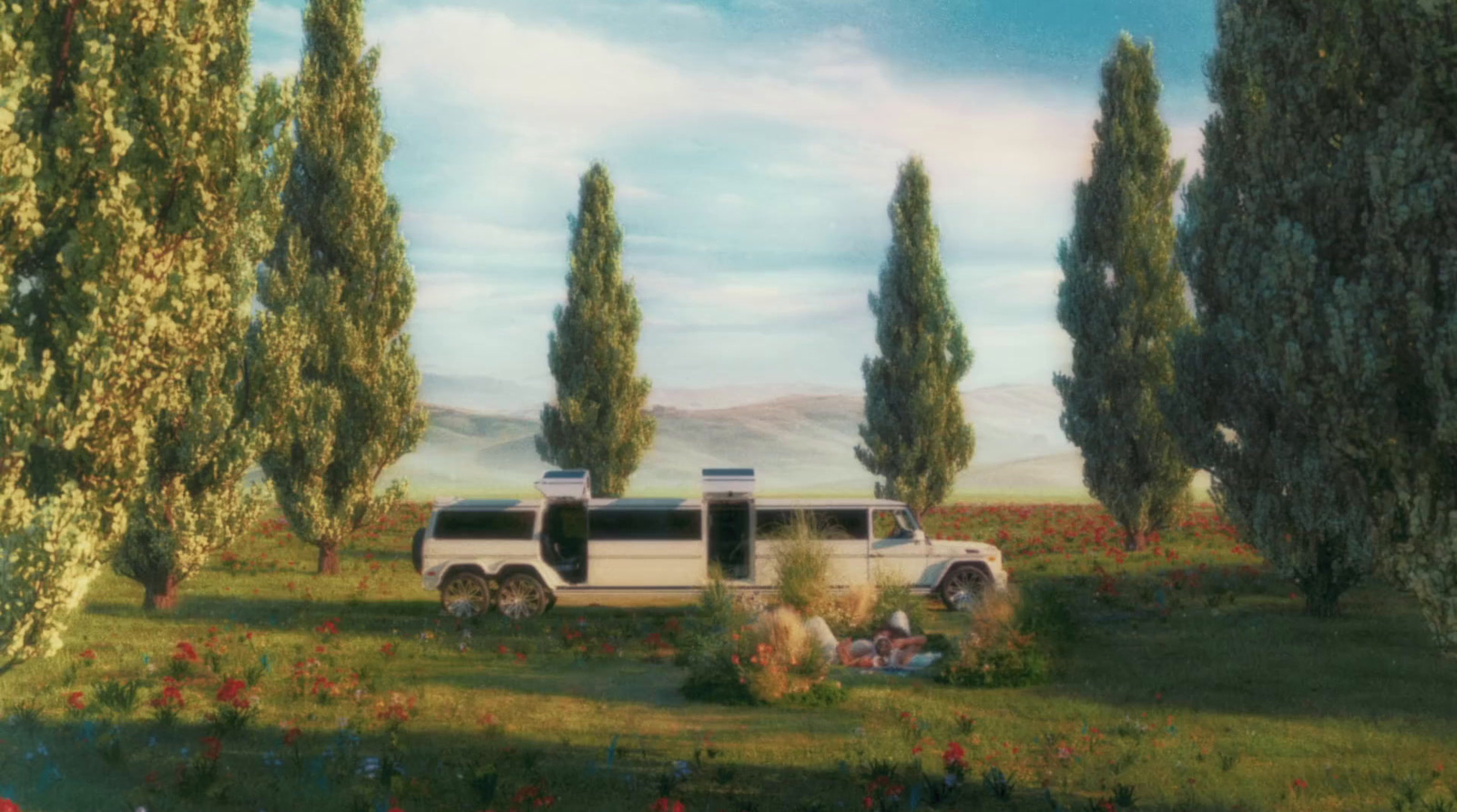 a painting of a limo parked in a field of flowers