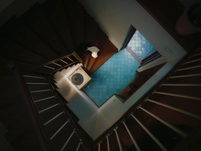 a view of a bathroom from above looking down