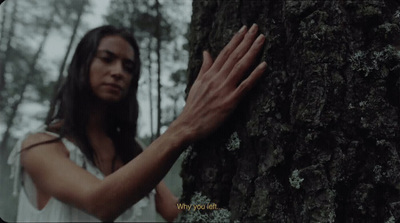 a woman standing next to a tree in a forest