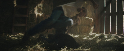 a person kneeling down in hay next to a fence