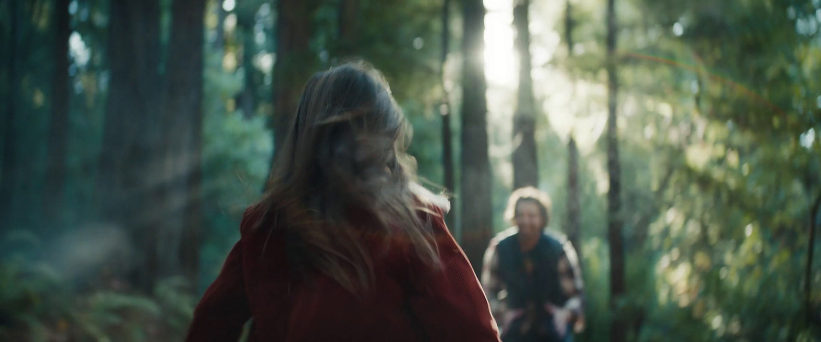 a blurry photo of two people walking through a forest