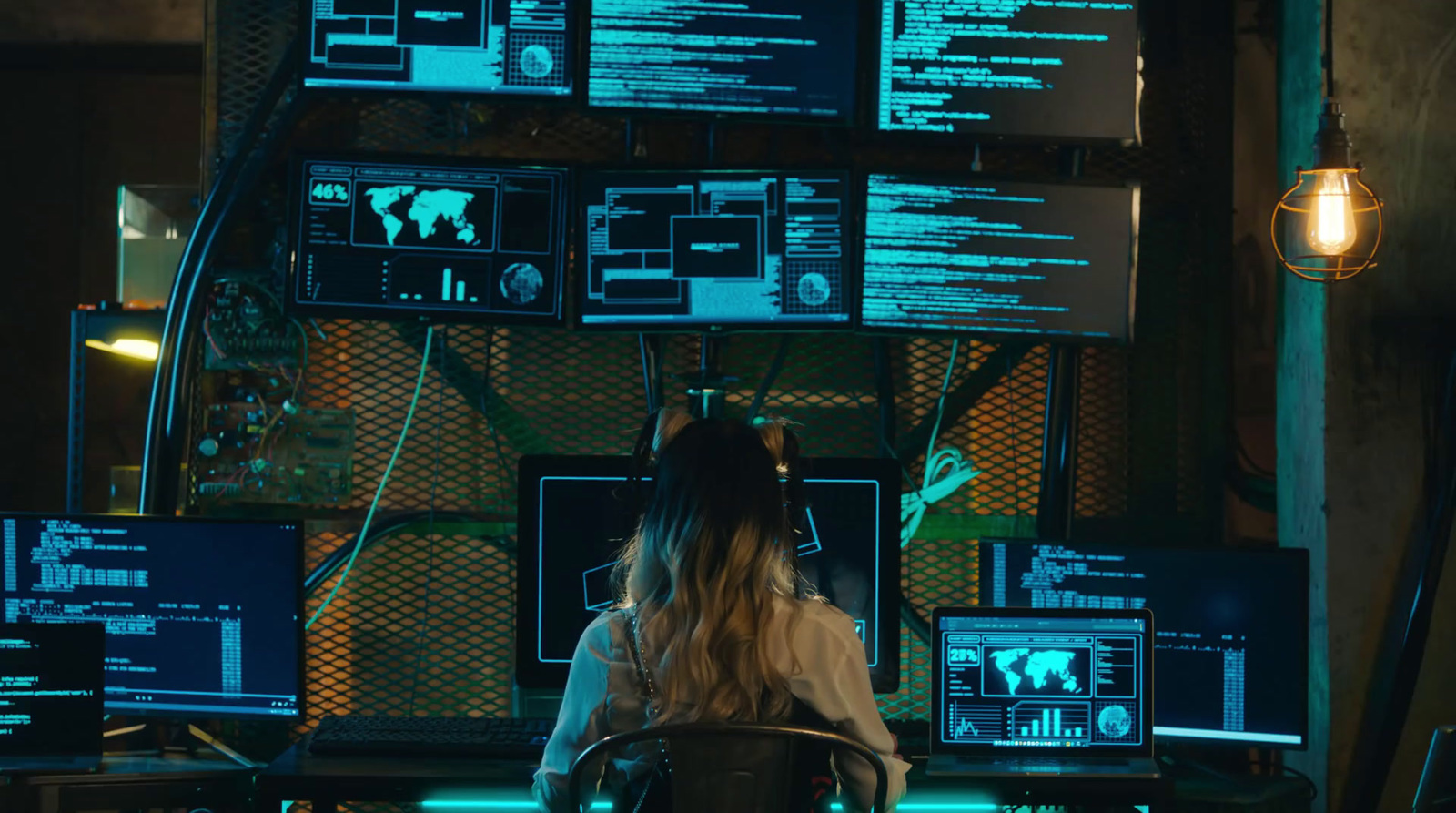 a woman sitting at a desk in front of computer monitors