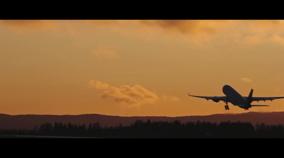 a plane flying in the sky at sunset