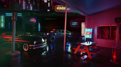 a car parked in a garage with neon lights