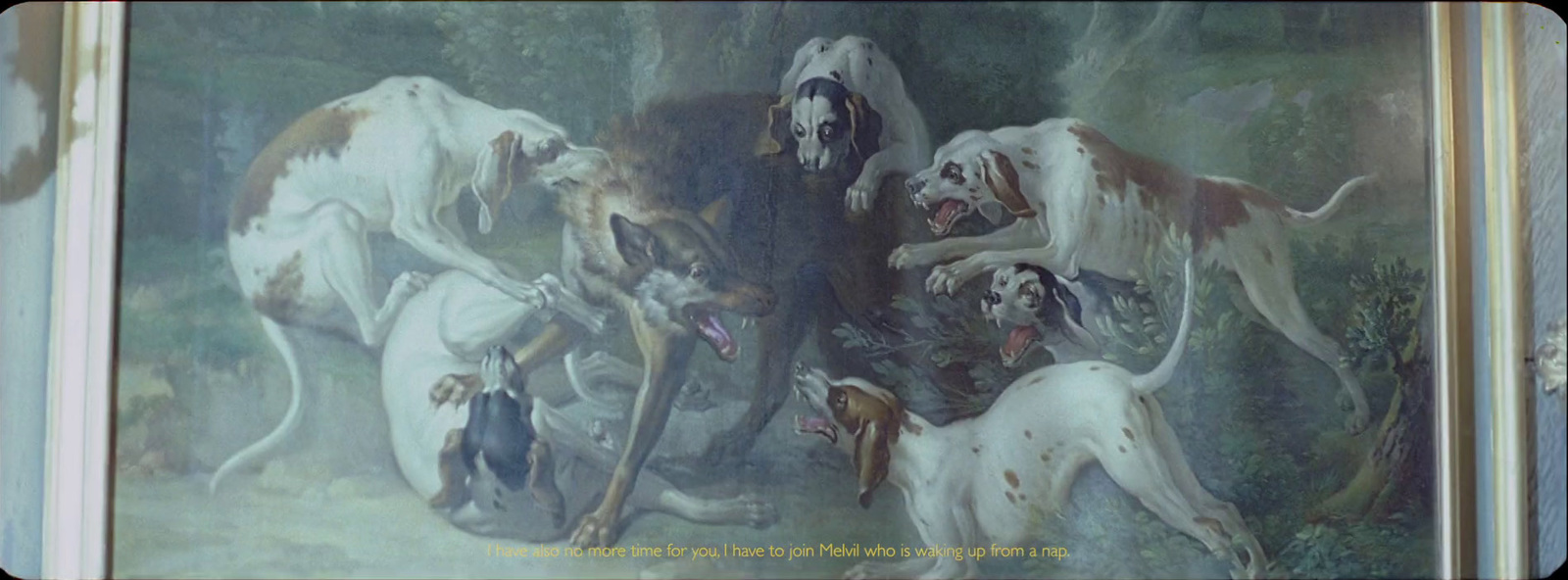 a painting of a group of dogs in a forest