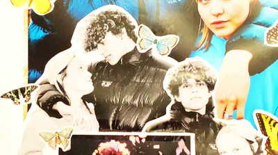 a collage of a man and a woman with butterflies on them