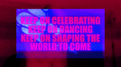 a pink and blue screen with words that read keep on celebrating keep on dancing keep